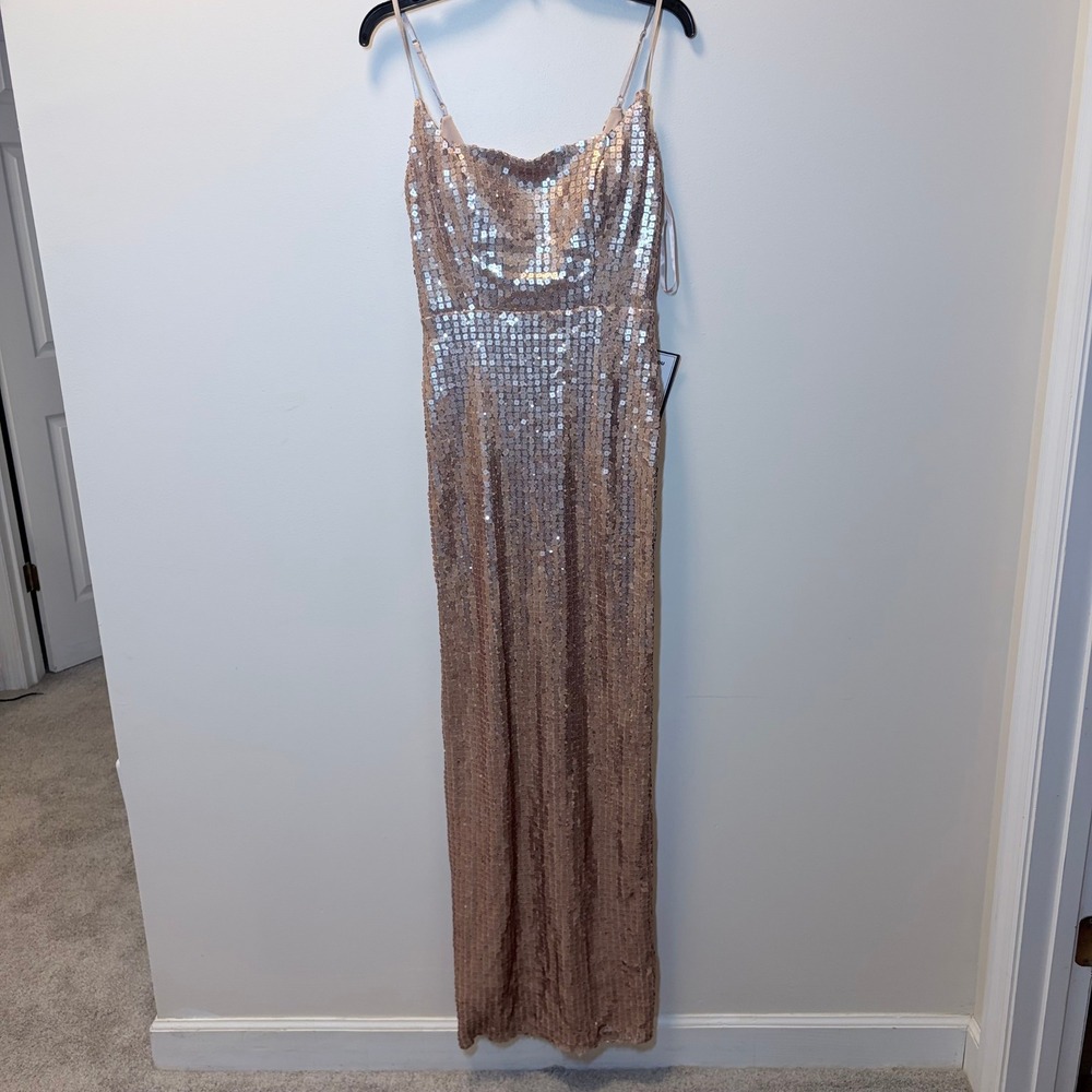 B. Darlin Rose Gold Sequin Maxi Dress Formal Evening Gown Size 5/6 Prom Wedding